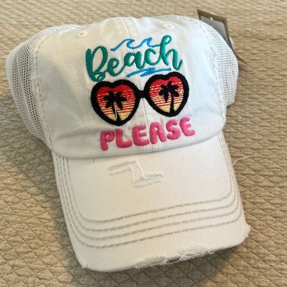 Beach Please Distressed White Ballcap with mesh back and Velcro closure - Picture 1 of 5